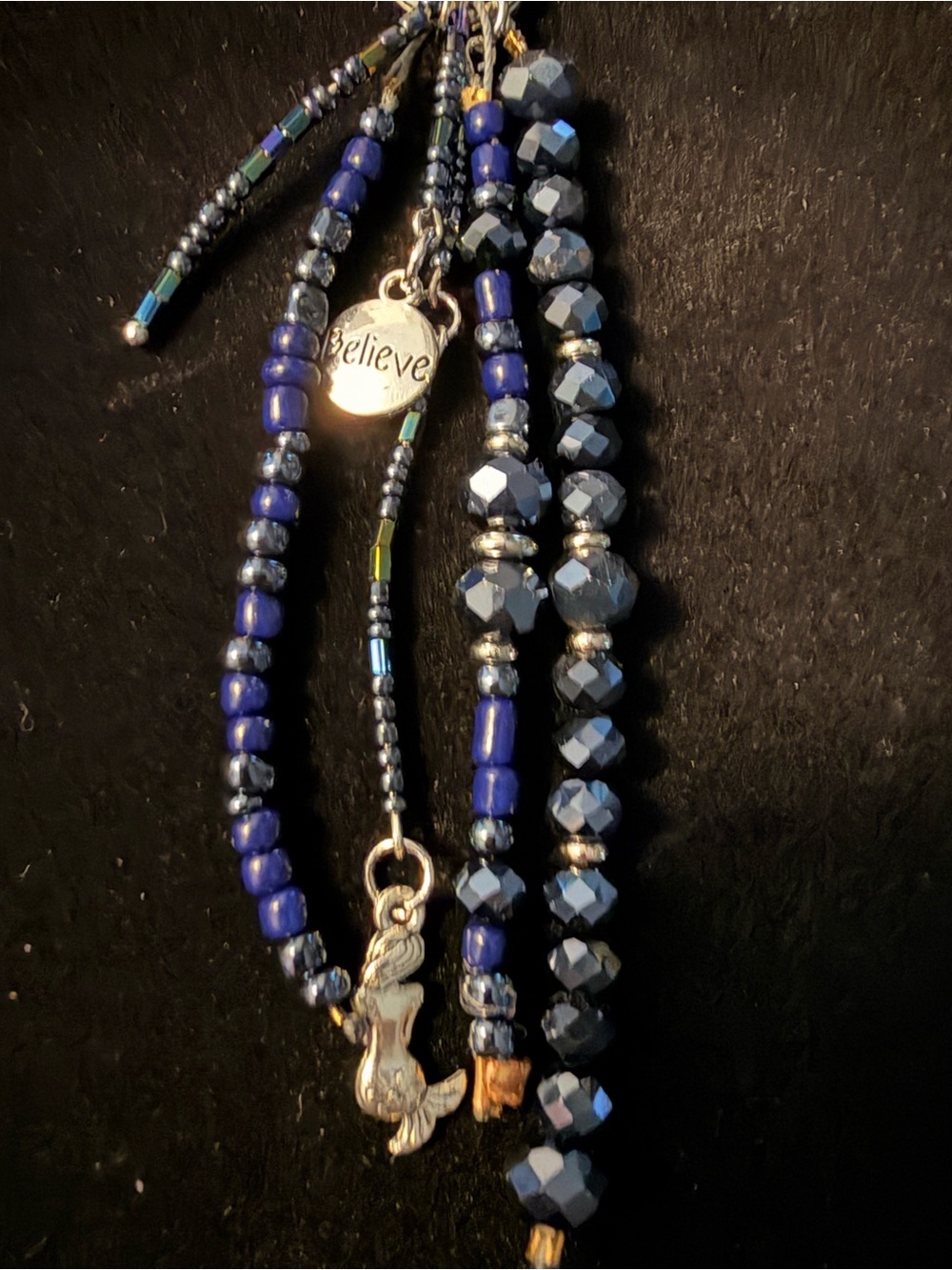 Beaded 'Believe' Charm Bracelet in Deep Blue